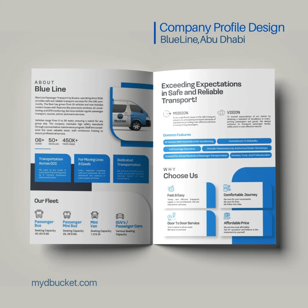 Professional company profile design for Blue Line, crafted by a leading agency in Dubai