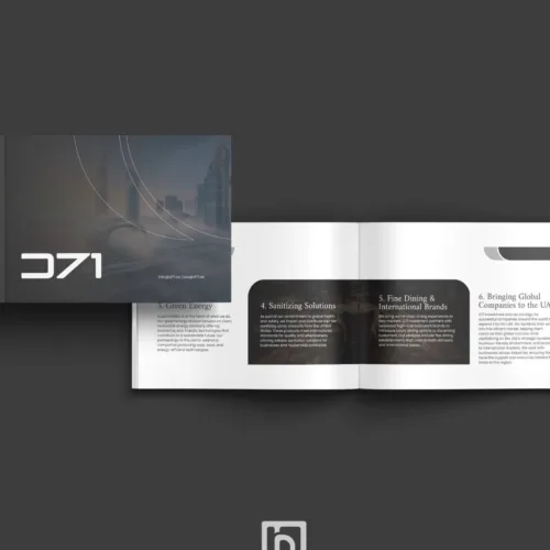 Real estate company profile for D71, created by a top company profile design agency in Dubai